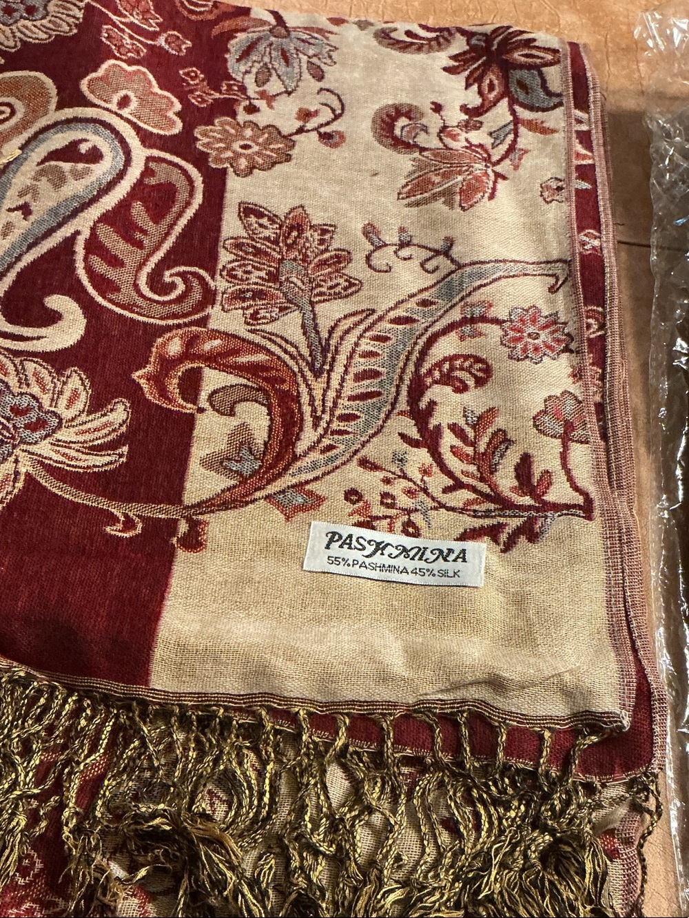 pashmina Red and Gold Floral Paisley Shawl with Fringe and burgundy and tan.